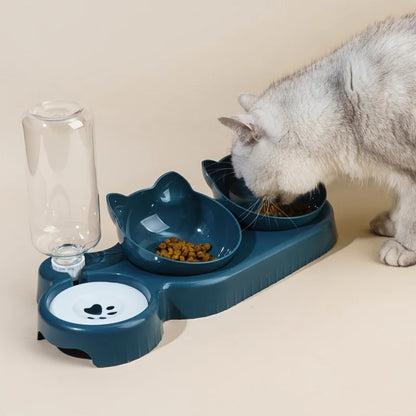 3-in-1 Cat Food & Water Bowl with Gravity Feeder