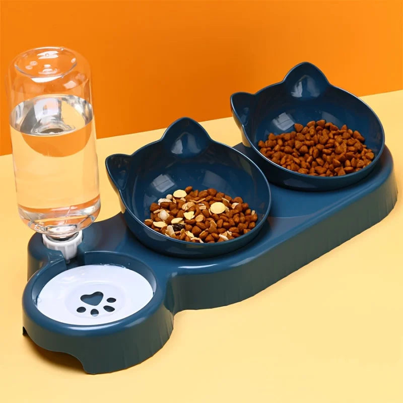 3-in-1 Cat Food & Water Bowl with Gravity Feeder