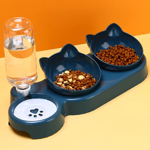 3-in-1 Cat Food & Water Bowl with Gravity Feeder